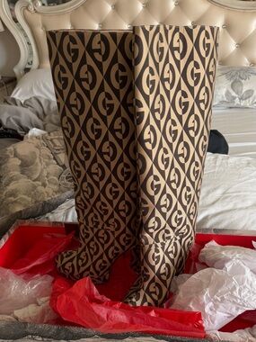 Gucci Brown and Black GG Logo Over-the-Knee Boots